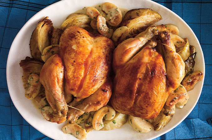 Roasted Chicken with Cabbage and Glazed Apples