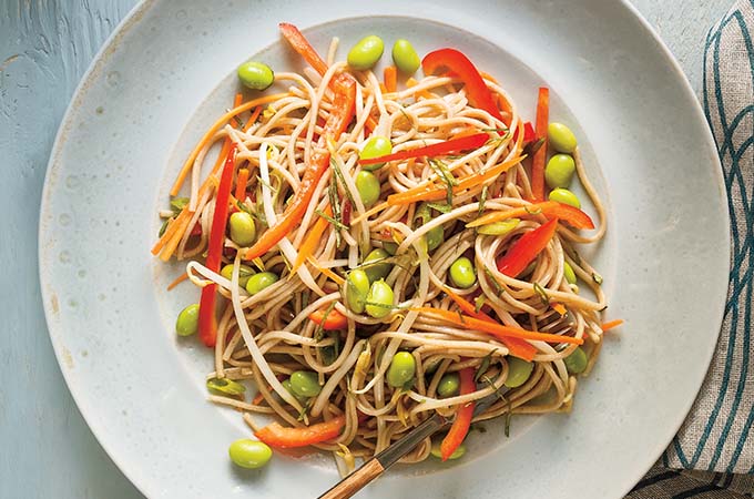 Soba Noodle, Edamame, Red Pepper and Bean Sprout Salad