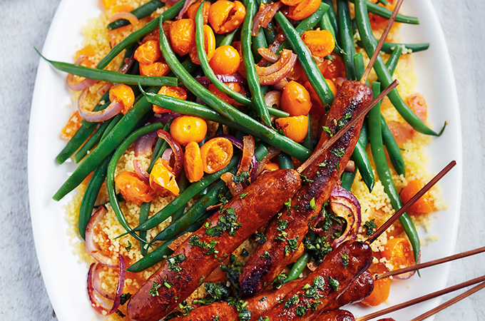 Warm Couscous Salad with Green Beans and Merguez Skewers