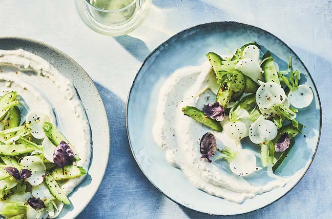 White Turnips and Cucumbers with Garlic Scape Labneh