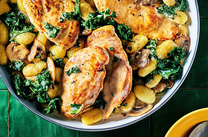 Chicken Cutlets, Gnocchi and Kale with Creamy Mushroom Sauce
