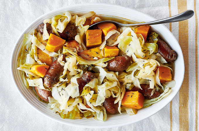 Braised Cabbage with Sausage and Sweet Potato