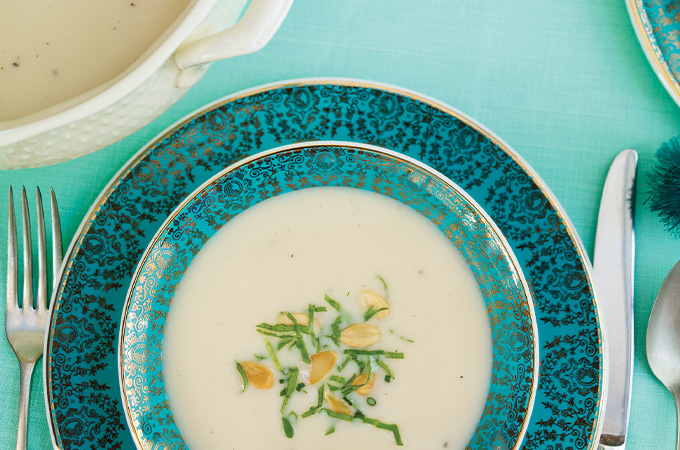 Cream of Cauliflower Soup with Arugula and Almonds