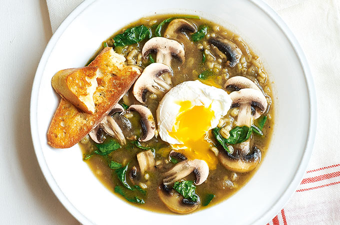 Mushroom Barley Soup with Poached Egg