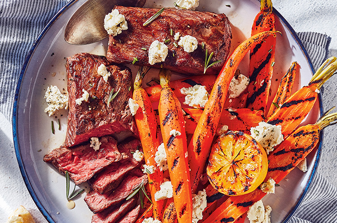 Sous Vide Flap Steak with Grilled Carrots and Herbed Fresh Cheese