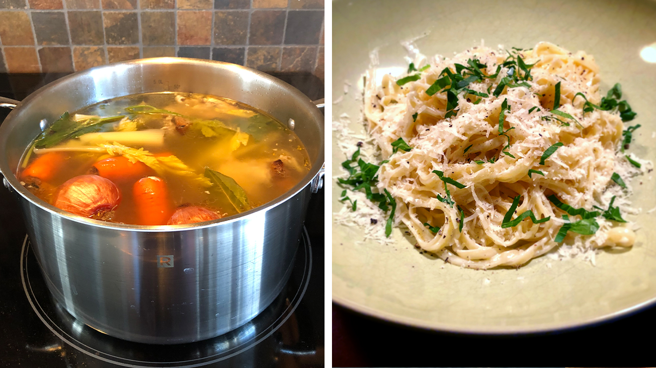 Vegetable broth and alfredo pasta