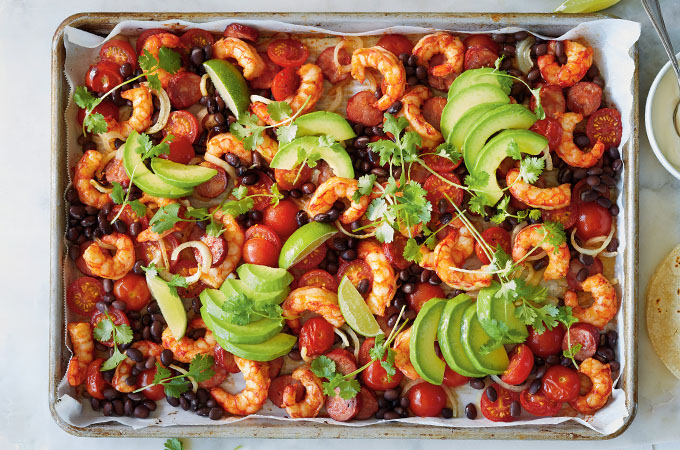 Sheet-Pan Shrimp, Black Beans and Chorizo