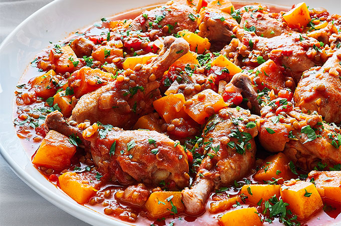 Chicken Drumsticks with Tomatoes and Lentils