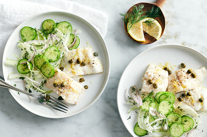 Lemon-Caper Haddock with Cucumber and Fennel Salad