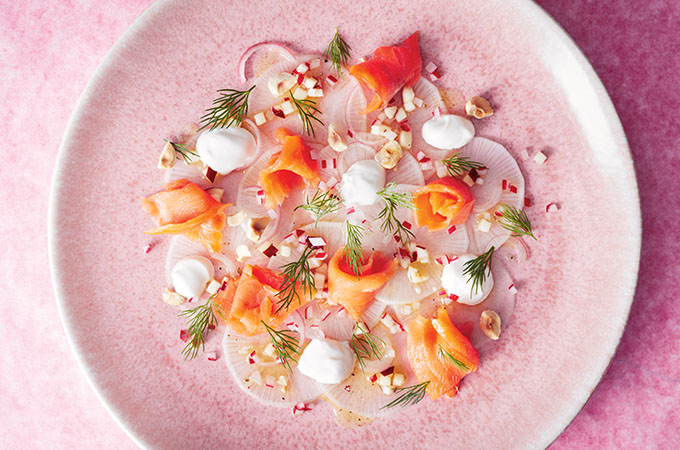 Radish Carpaccio with Apple and Smoked Salmon