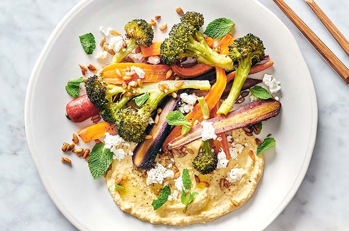 Roasted Vegetables with Sunflower Seeds, Quick Hummus and Feta
