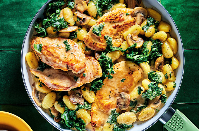 Chicken Cutlets, Gnocchi and Kale with Creamy Mushroom Sauce