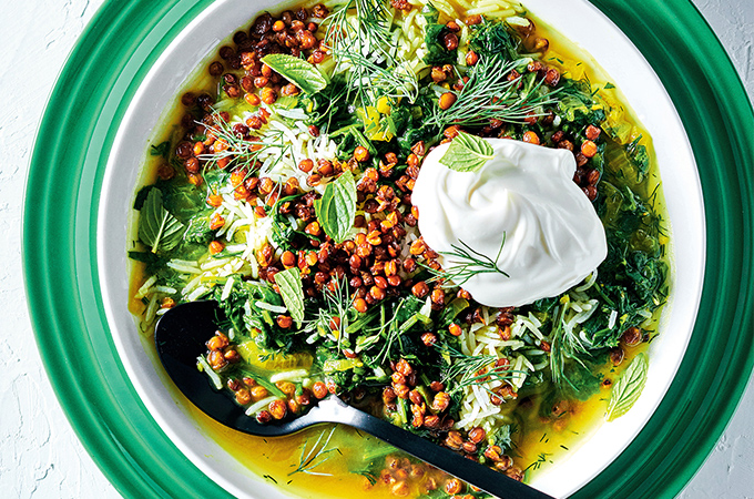 Spinach and Herb Stew with Crispy Lentils