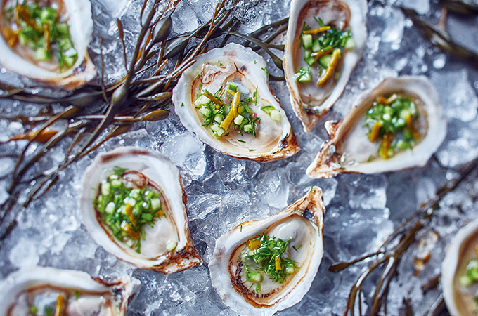 Oysters with Pickled Samphire, Cucumber and Dill