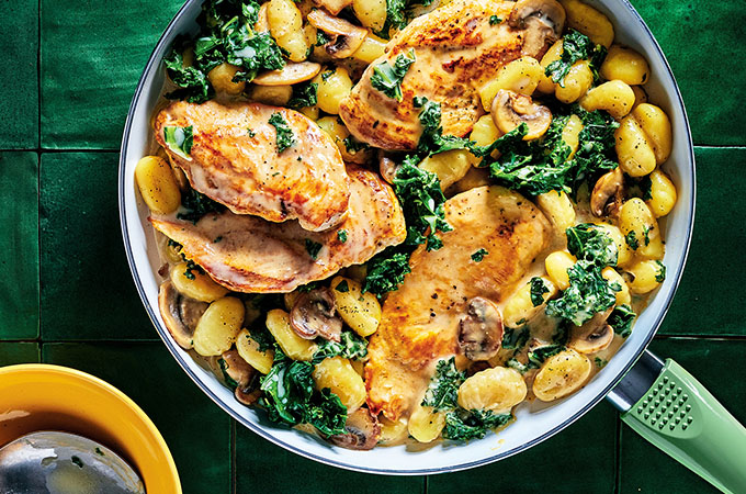 Chicken Cutlets, Gnocchi and Kale with Creamy Mushroom Sauce
