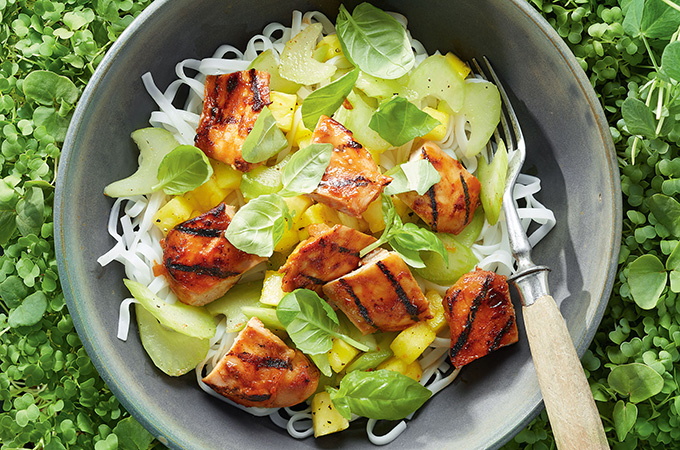 Barbecue Chicken Bowl with Celery and Pineapple Salad