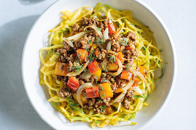 Curried Cabbage Noodles with Sautéed Beef