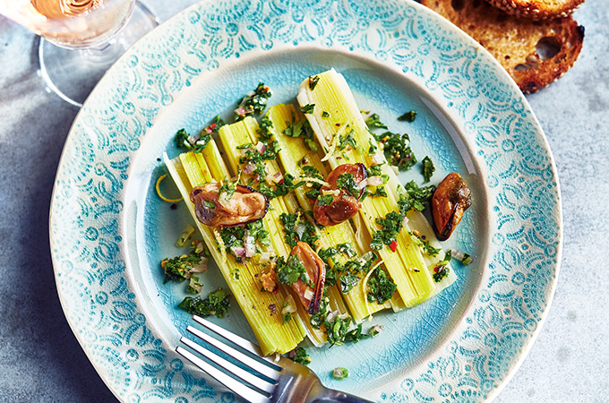 Leeks with Smoked Mussel Dressing