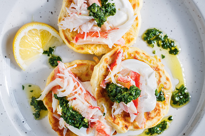 Parsnip Pancakes with Crab and Salsa Verde