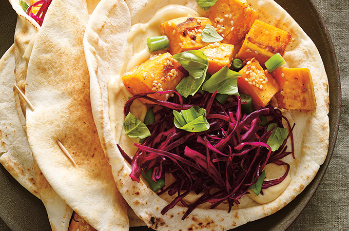 Parmesan Crusted Sweet Potato, Red Cabbage and Sesame Pita Sandwiches