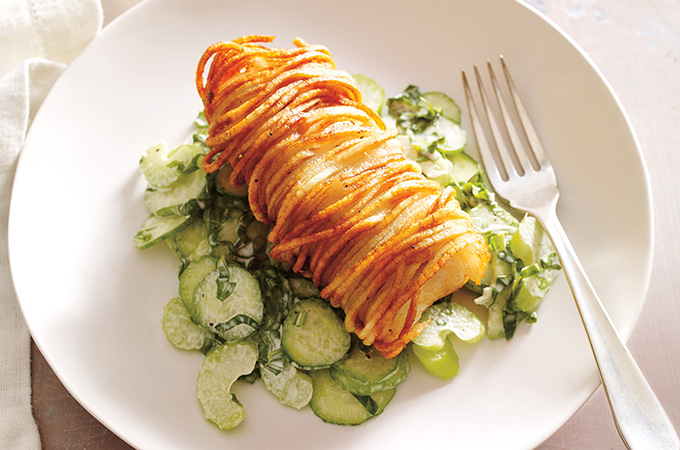 Potato-Wrapped Cod with Cucumber Salad