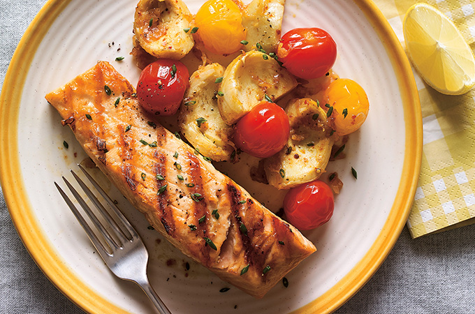Grilled Salmon with Tomato Confit and Artichokes