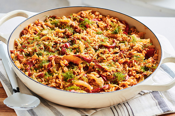 One-Pot Rice with Sausages, Fennel and Peppers