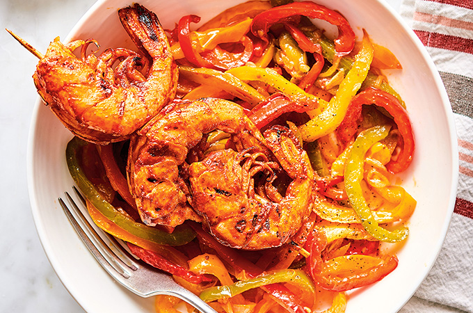 Shrimp Skewers with Piperade