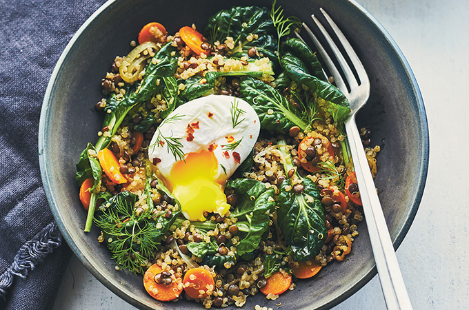Lentil and Quinoa Bowls with Tatsoi and Poached Eggs