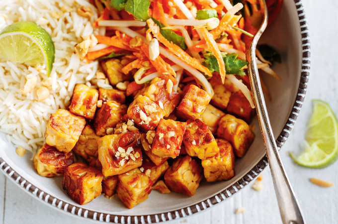 Grilled Tempeh with Coconut Milk Carrot Salad