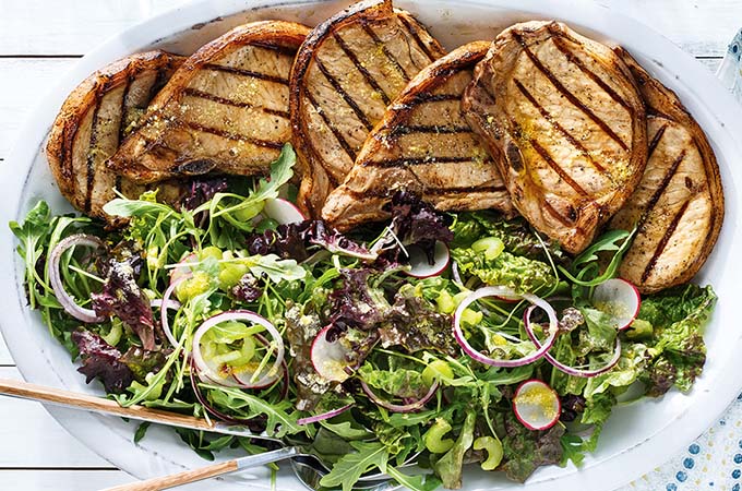 Grilled Pork Chops and Lemon Parmesan Salad
