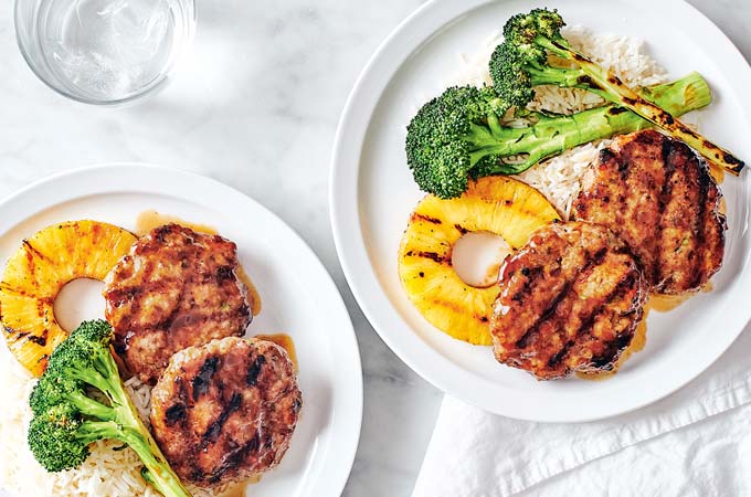 Pork Patties with Grilled Pineapple and Broccoli